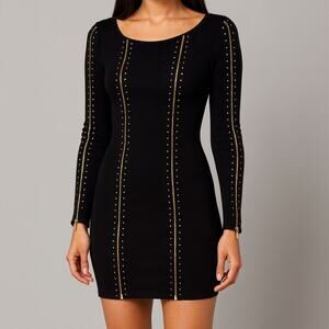 bebe Black Body Con Sweater Dress Zipper Trim Gold Studs Sz XS